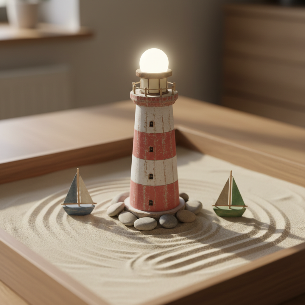 A close-up, photographic image of a wooden toy lighthouse standing on a smooth, pale sand tray, symbolising a safe harbour. The lighthouse is painted in muted red and white stripes with a softly glowing LED light at the top, its surface slightly worn for a reassuring, tactile texture. Around it, small, rounded pebbles and tiny wooden boats rest in the sand, which shows gentle patterns drawn by a tool. Soft overcast daylight from the side creates subtle highlights on the lighthouse and delicate shadows in the sand, establishing a serene, hopeful atmosphere. Shot at a slightly elevated angle with shallow depth of field, the lighthouse is crisply detailed while the background recedes into a gentle blur, evoking guidance, safety, and emotional resilience.