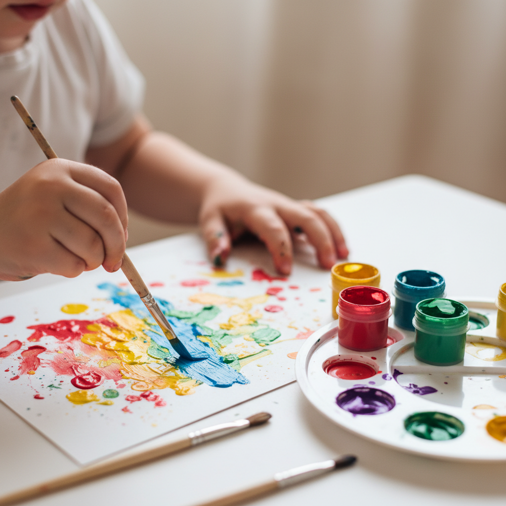 A close-up, photo-style image of a child painting at a table, showing the child’s hands, paintbrush, and colourful paints and paper, with a soft, neutral background and no visible room or furniture details.