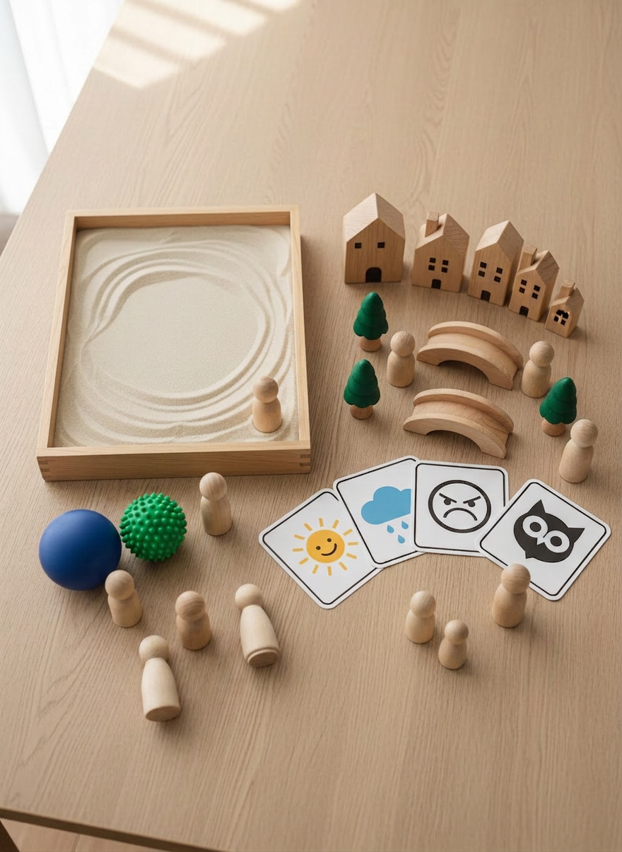 An overhead, photographic view of a neatly arranged play therapy toolbox on a light oak table, suggesting thoughtful, professional care. A variety of therapeutic play materials are laid out: a small sand tray with smooth, untouched sand; a selection of miniature houses, trees, and bridges; a set of emotion-themed cards illustrated with simple icons; and a few smooth sensory objects like stress balls and textured fabric swatches. Natural daylight from a nearby window washes across the scene, creating soft, even illumination with minimal shadows, enhancing the sense of clarity and order. The composition uses the rule of thirds, with the sand tray slightly off-centre, and everything in crisp focus to communicate structure, safety, and readiness for a child’s emotional exploration.
