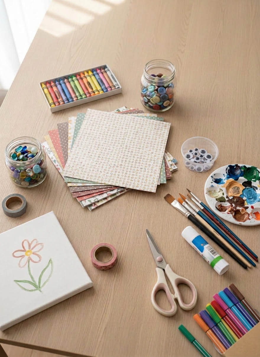 An overhead, photographic view of a neatly arranged play therapy toolbox on a light oak table, suggesting thoughtful, professional care. A variety of therapeutic play materials are laid out: a small sand tray with smooth, untouched sand; a selection of miniature houses, trees, and bridges; a set of emotion-themed cards illustrated with simple icons; and a few smooth sensory objects like stress balls and textured fabric swatches. Natural daylight from a nearby window washes across the scene, creating soft, even illumination with minimal shadows, enhancing the sense of clarity and order. The composition uses the rule of thirds, with the sand tray slightly off-centre, and everything in crisp focus to communicate structure, safety, and readiness for a child’s emotional exploration.
